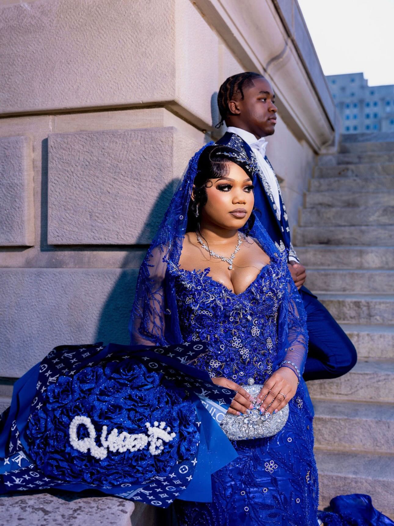Royal Blue 3D Rose Floral Crystal Beaded Long Sleeve Mermaid Prom Dress with Custom Cathedral Train and Veil