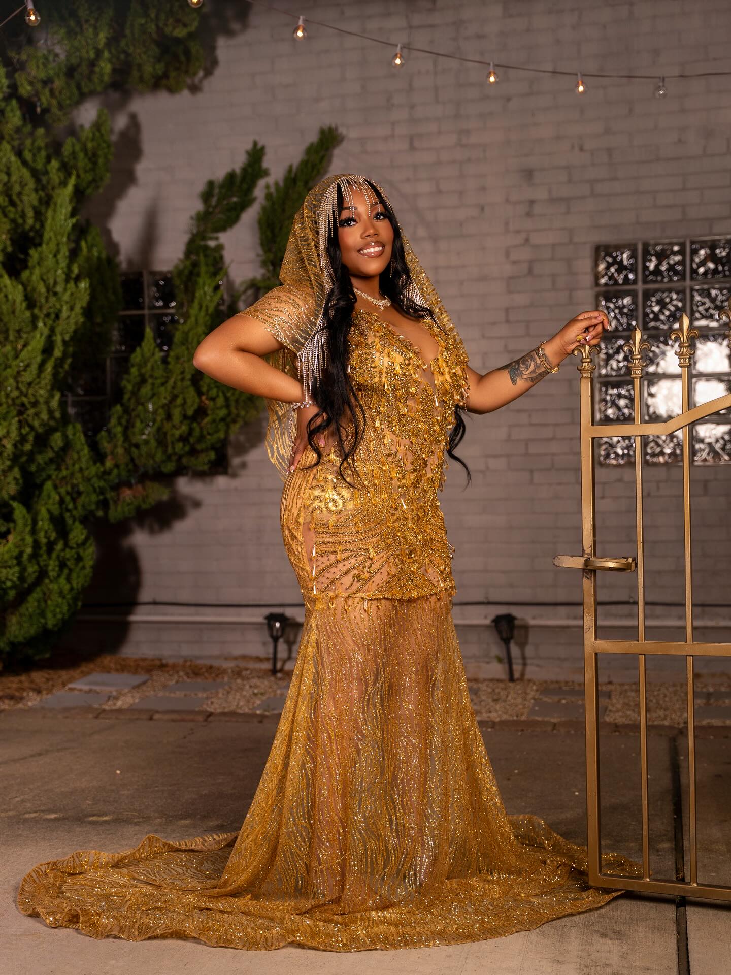 Gold Sequin Beaded Sheer Mermaid Prom Dress with Crystal Fringe Cap Sleeves & Cathedral Train