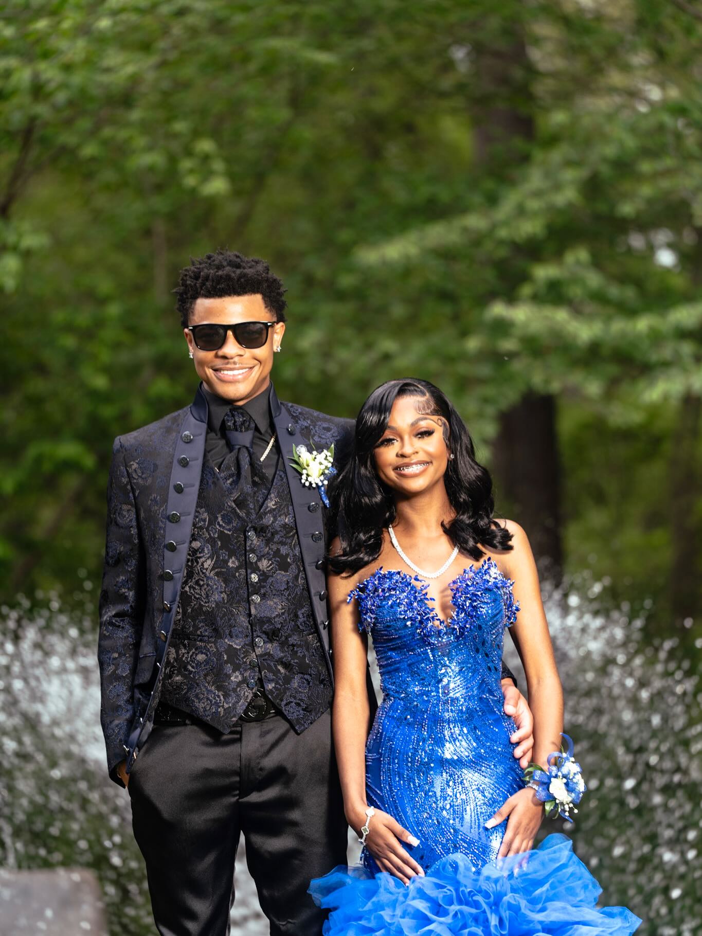 Royal Blue Crystal Beaded Strapless Mermaid Prom Dress with 3D Floral Appliqué & Ruffle Skirt