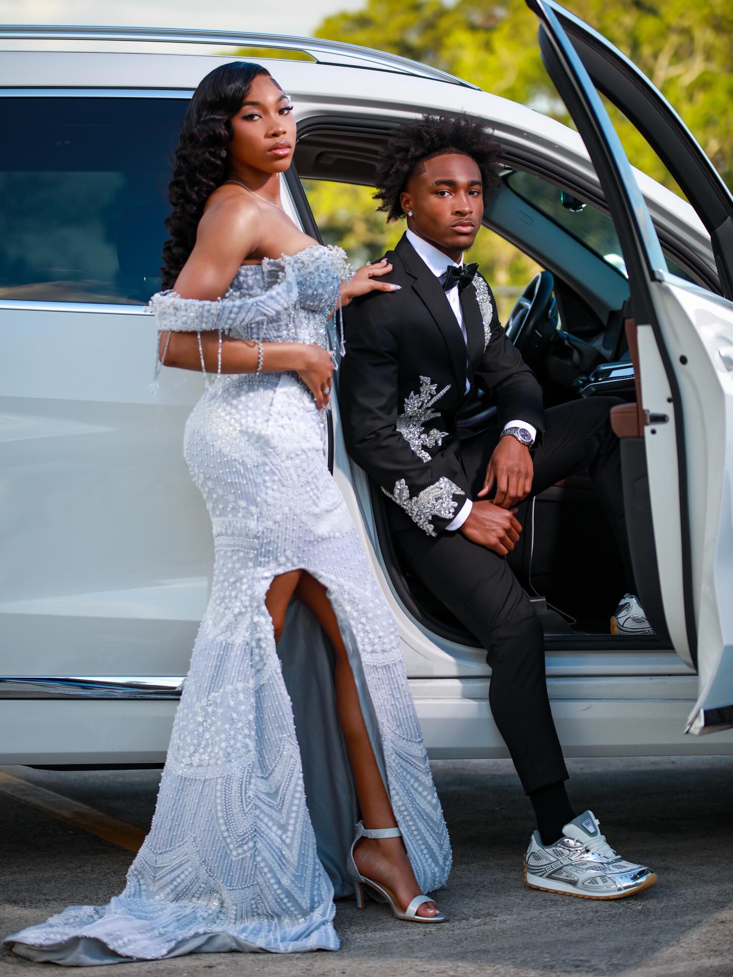 Silver Frost - Silver Crystal Beaded Off-Shoulder Mermaid Prom Dress with Crystal Fringe & Thigh Slit-LLELLA