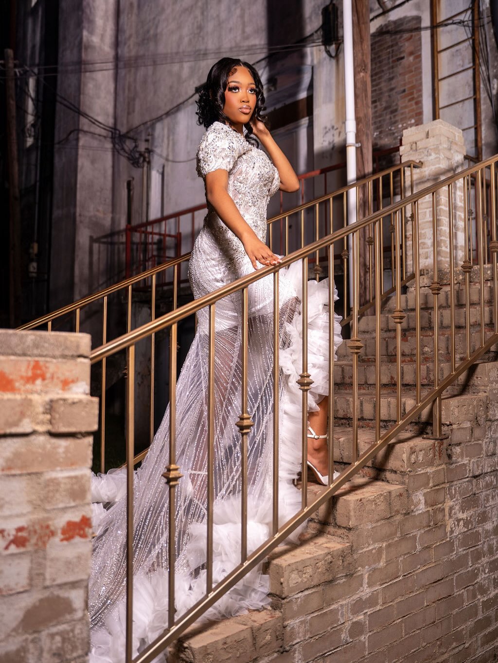 Silver Sequin Beaded Mermaid Gown with Ruffle Train