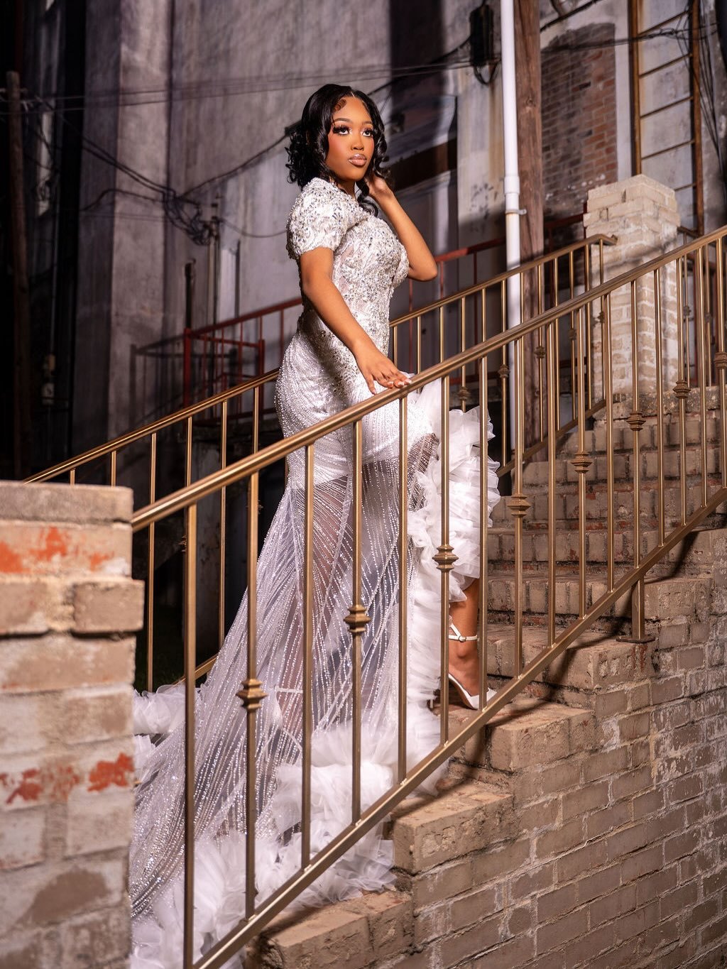 Silver Sequin Beaded Mermaid Gown with Ruffle Train