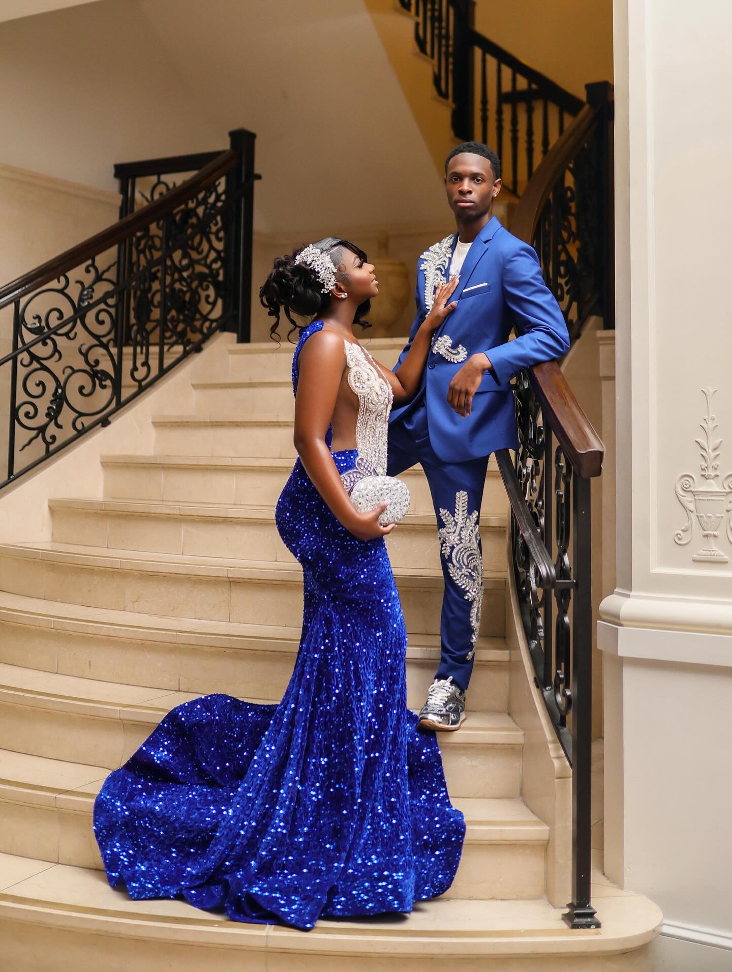 Royal Blue Sequin Beaded Mermaid Prom Dress with Sheer Bodice & Crystal Embellishments