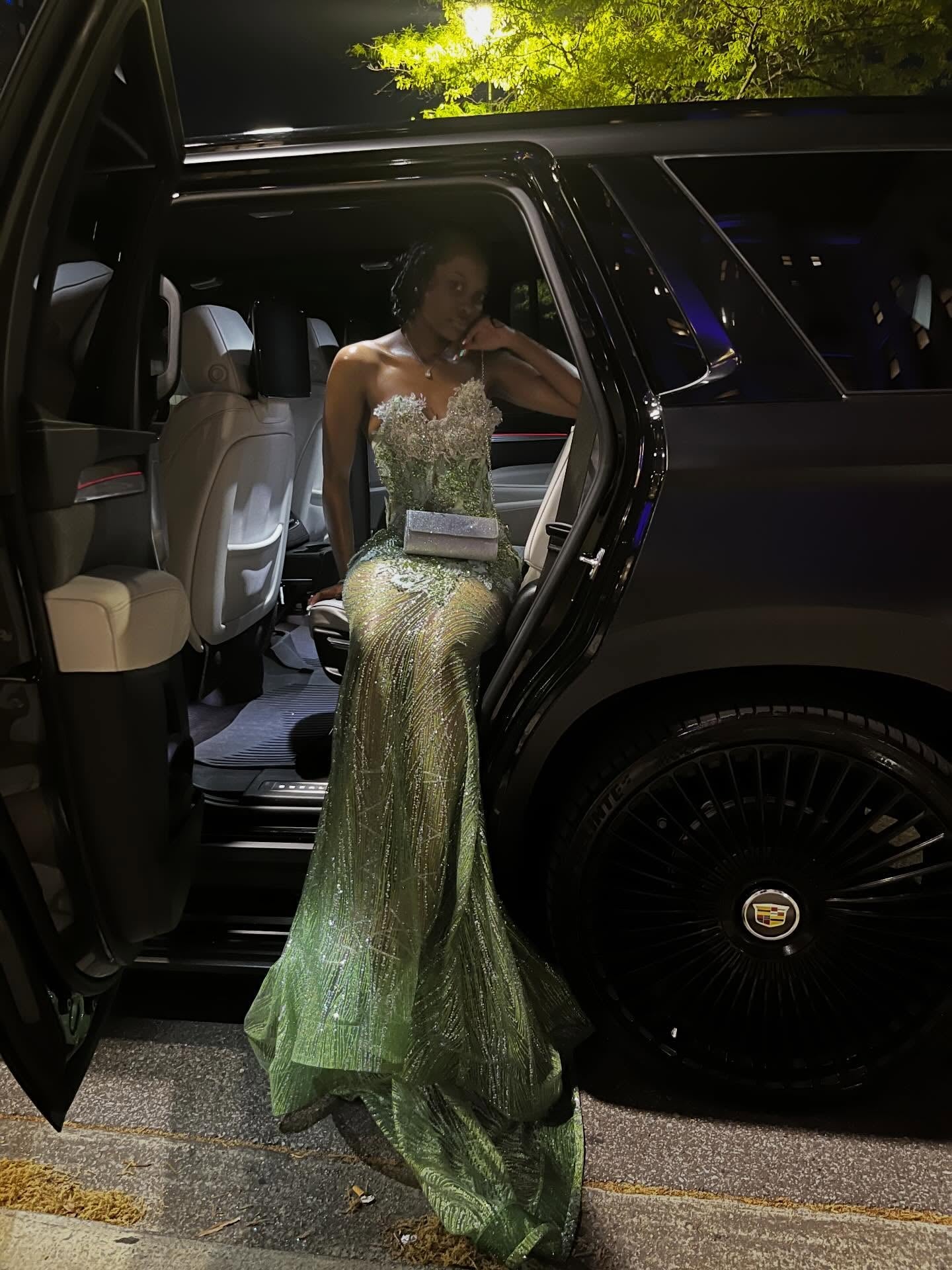 Emerald Enchantress – Sage Green Gold Crystal Beaded Strapless Mermaid Prom Dress with 3D Floral Corset & Lace-Up Back