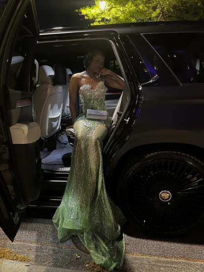 Emerald Enchantress – Sage Green Gold Crystal Beaded Strapless Mermaid Prom Dress with 3D Floral Corset & Lace-Up Back