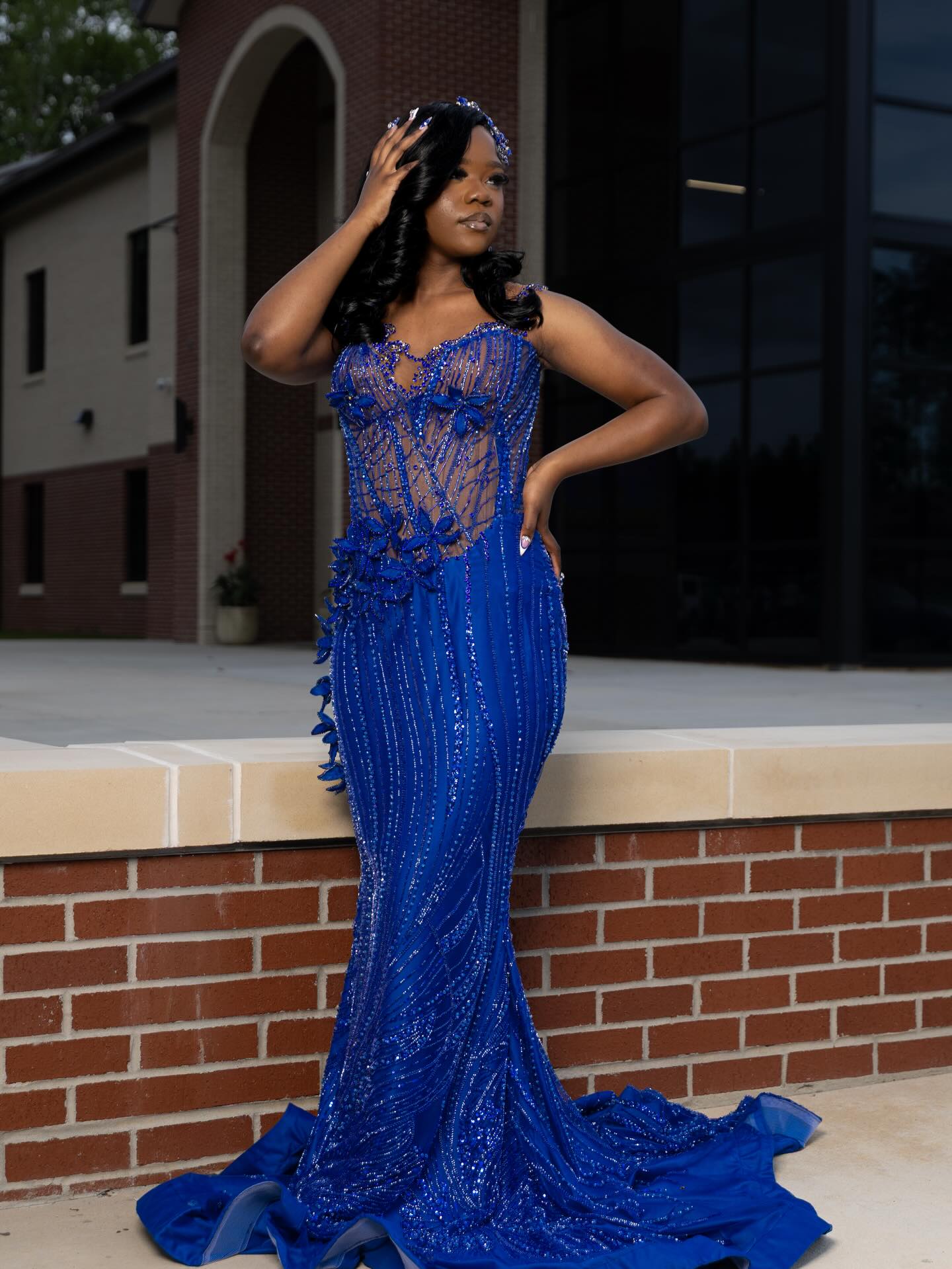 Royal Blue Sequin Beaded Mermaid Prom Dress with Detachable Cape | BK4743