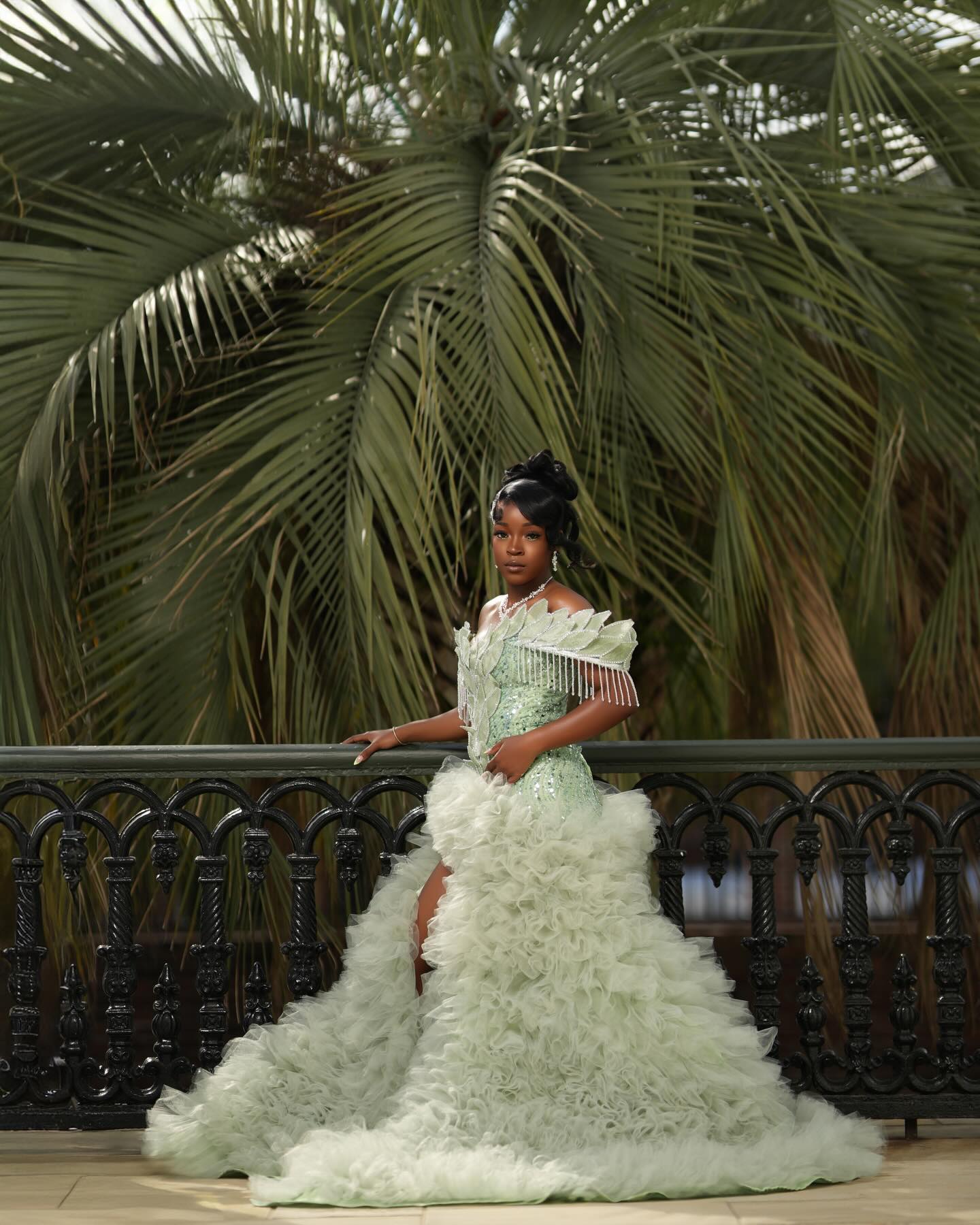 Mint Green Off-Shoulder Sequin Beaded Prom Dress with 3D Leaf Appliqué & Ruffle Tulle Train-LLELLA