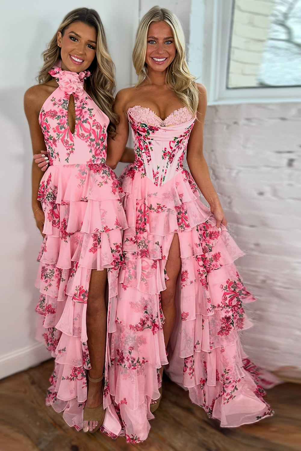 Blush Sweetheart A-Line Chiffon Floral Ruffled Long Corset Prom Dress with Slit-LLELLA