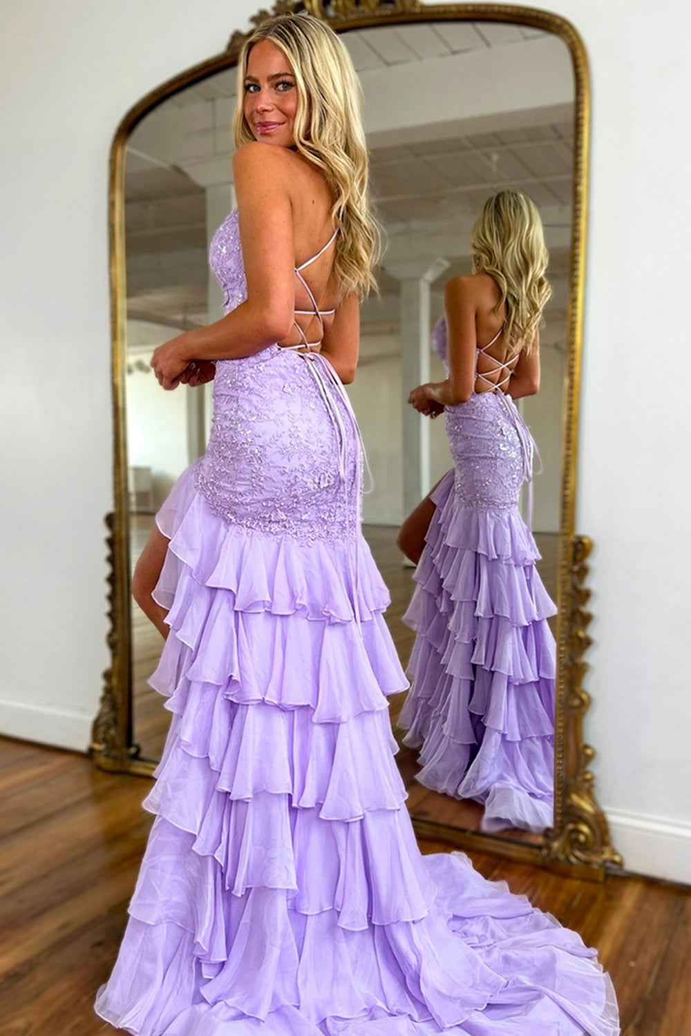 Sparkly Lilac Lace Appliques Sheath Tiered Long Chiffon Prom Dress with Slit