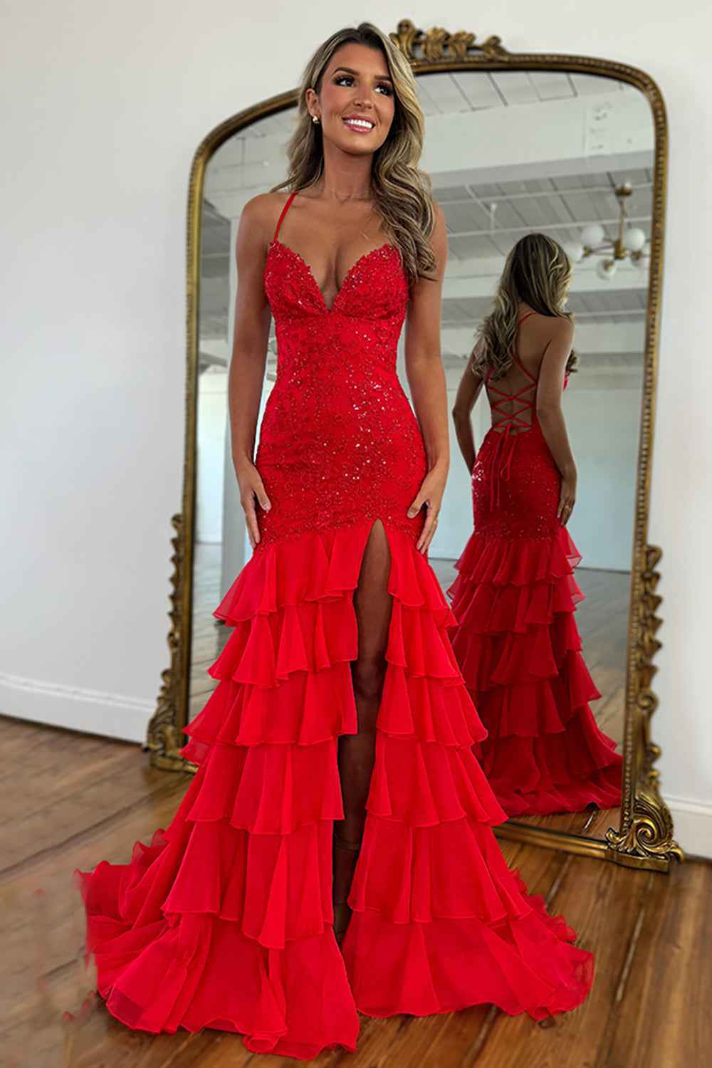 Sparkly Lilac Lace Appliques Sheath Tiered Long Chiffon Prom Dress with Slit