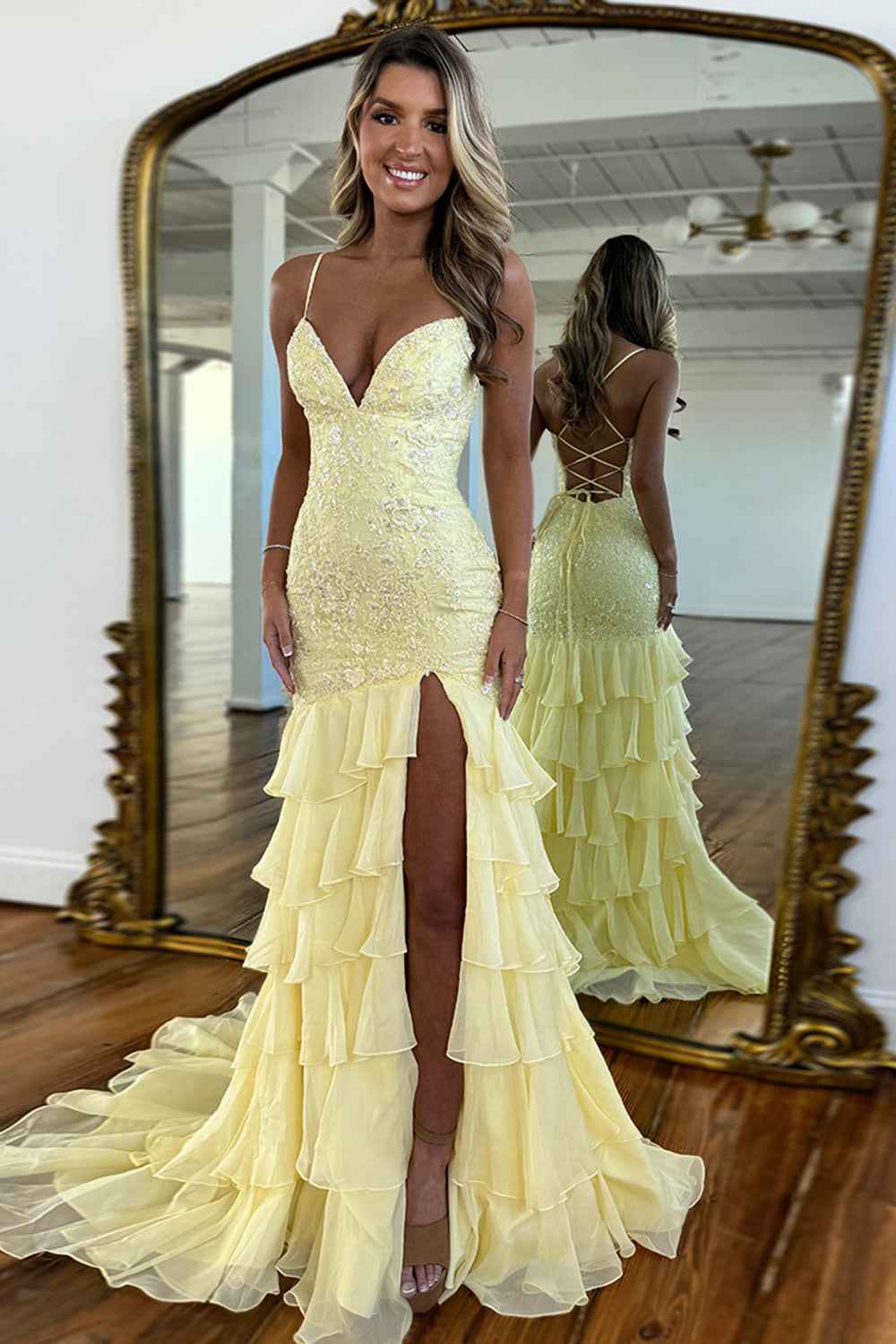 Sparkly Lilac Lace Appliques Sheath Tiered Long Chiffon Prom Dress with Slit-LLELLA