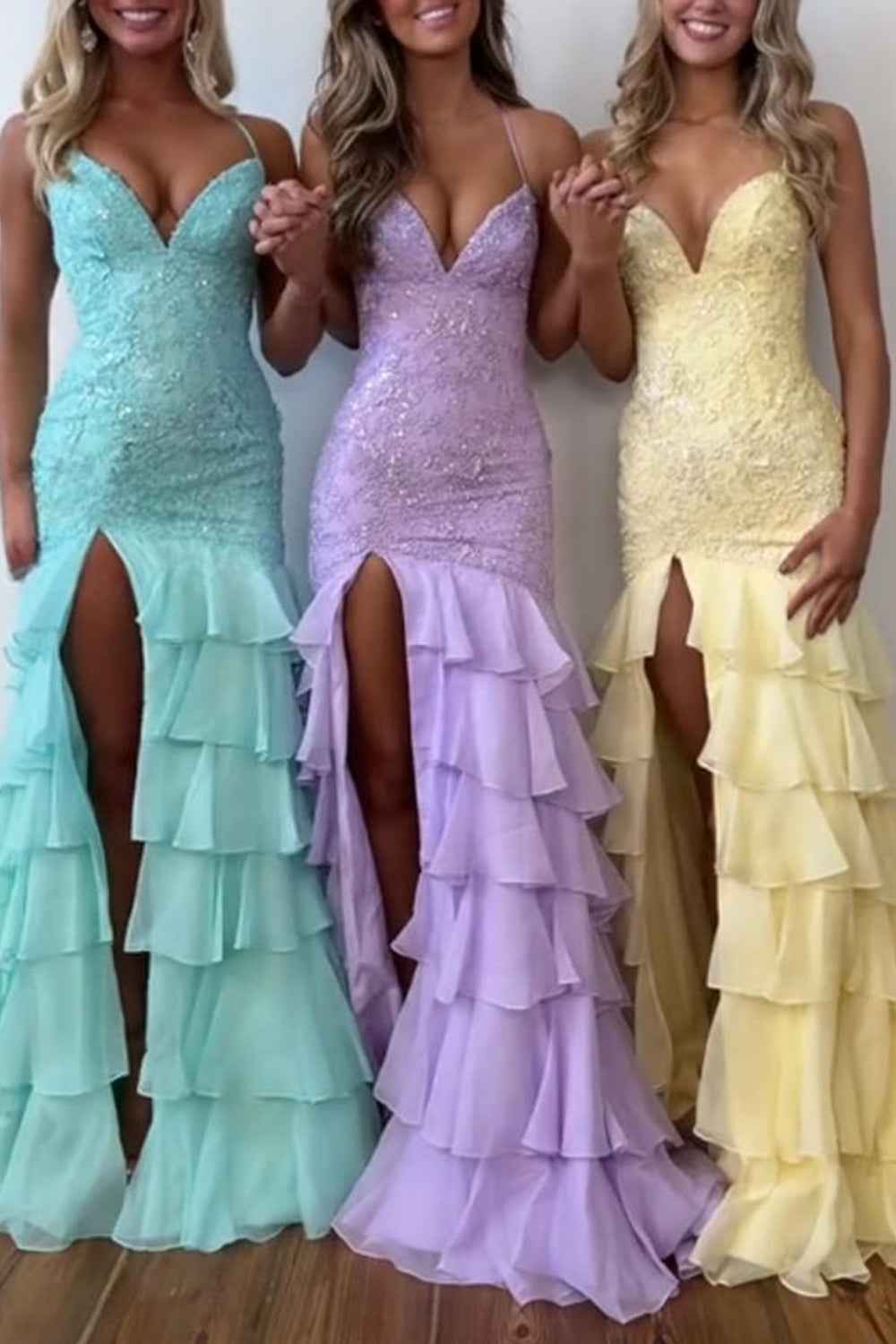 Sparkly Lilac Lace Appliques Sheath Tiered Long Chiffon Prom Dress with Slit