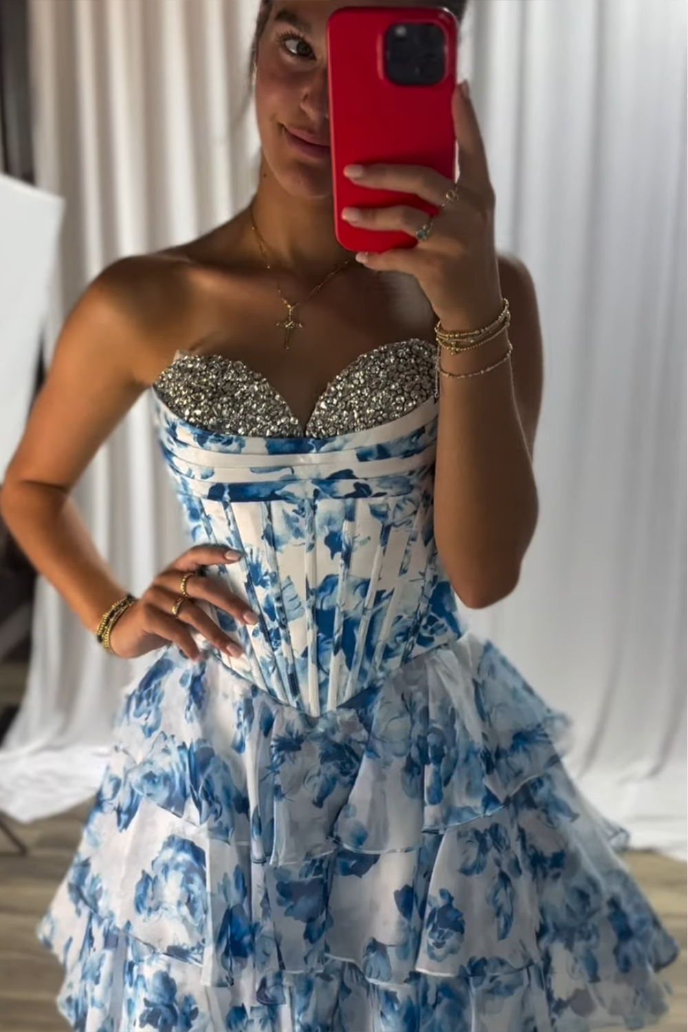 Sparkly Pink Corset A Line Short Floral Homecoming Dress with Beading