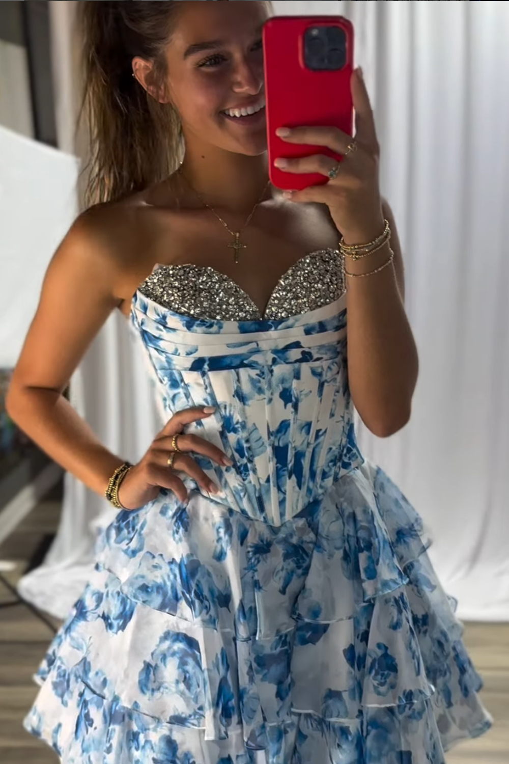 Sparkly Pink Corset A Line Short Floral Homecoming Dress with Beading