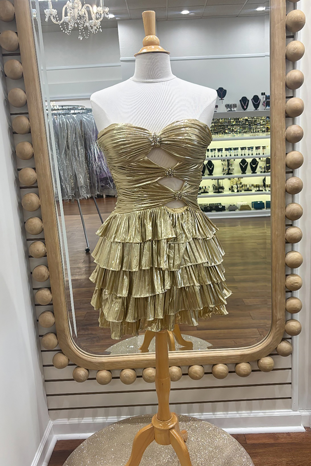 Metallic Gold A Line Sweetheart Ruched Short Homecoming Dress with Ruffles