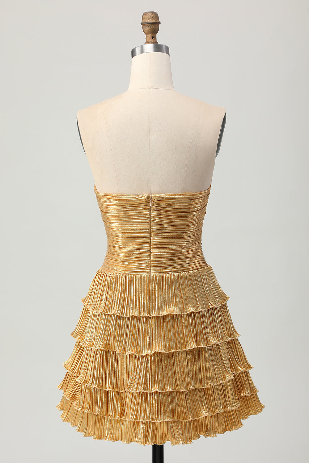Metallic Golden A Line Sweetheart Tiered Short Homecoming Dress with Keyhole