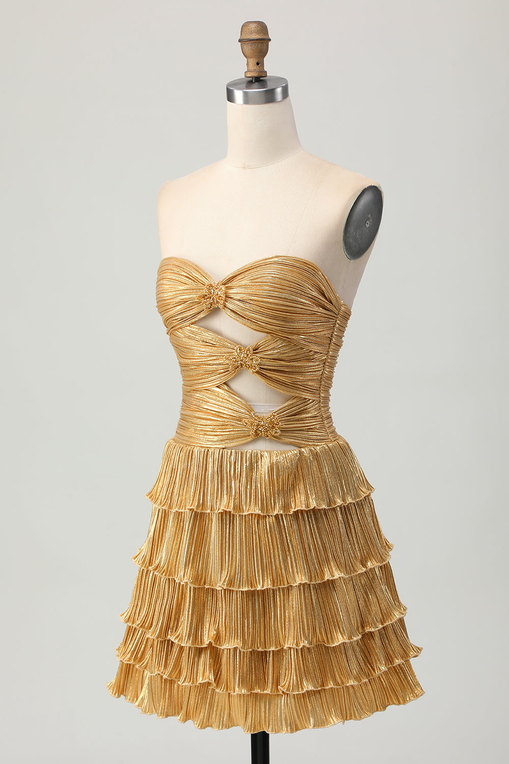 Metallic Golden A Line Sweetheart Tiered Short Homecoming Dress with Keyhole