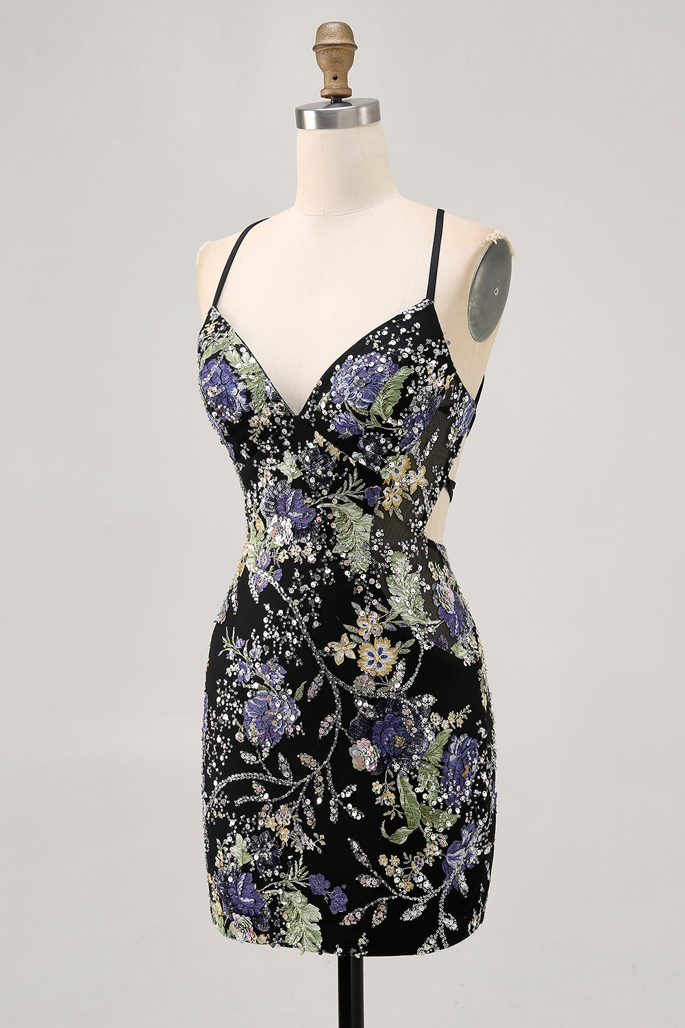 Sparkly Black Floral Short Tight Homecoming Dress with Beading