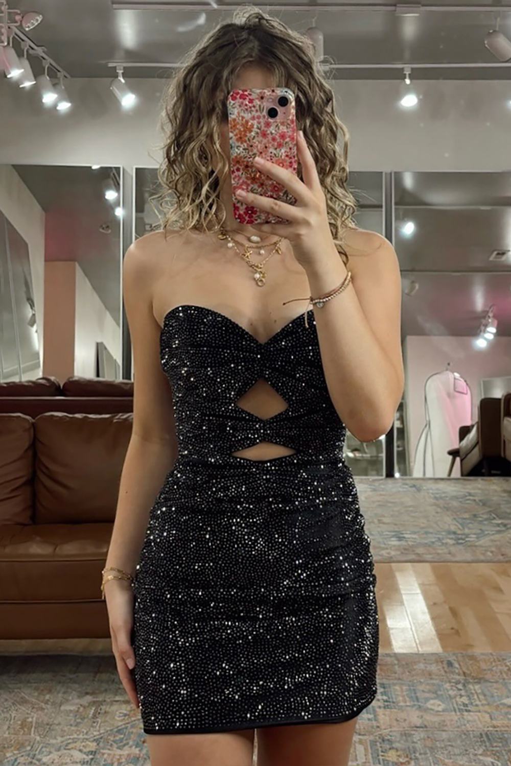 Sparkly Orange Beaded Cut Out Bodycon Short Homecoming Dress
