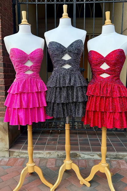 Sparkly Royal Blue Satin Cut Out A Line Tiered Short Homecoming Dress with Beading