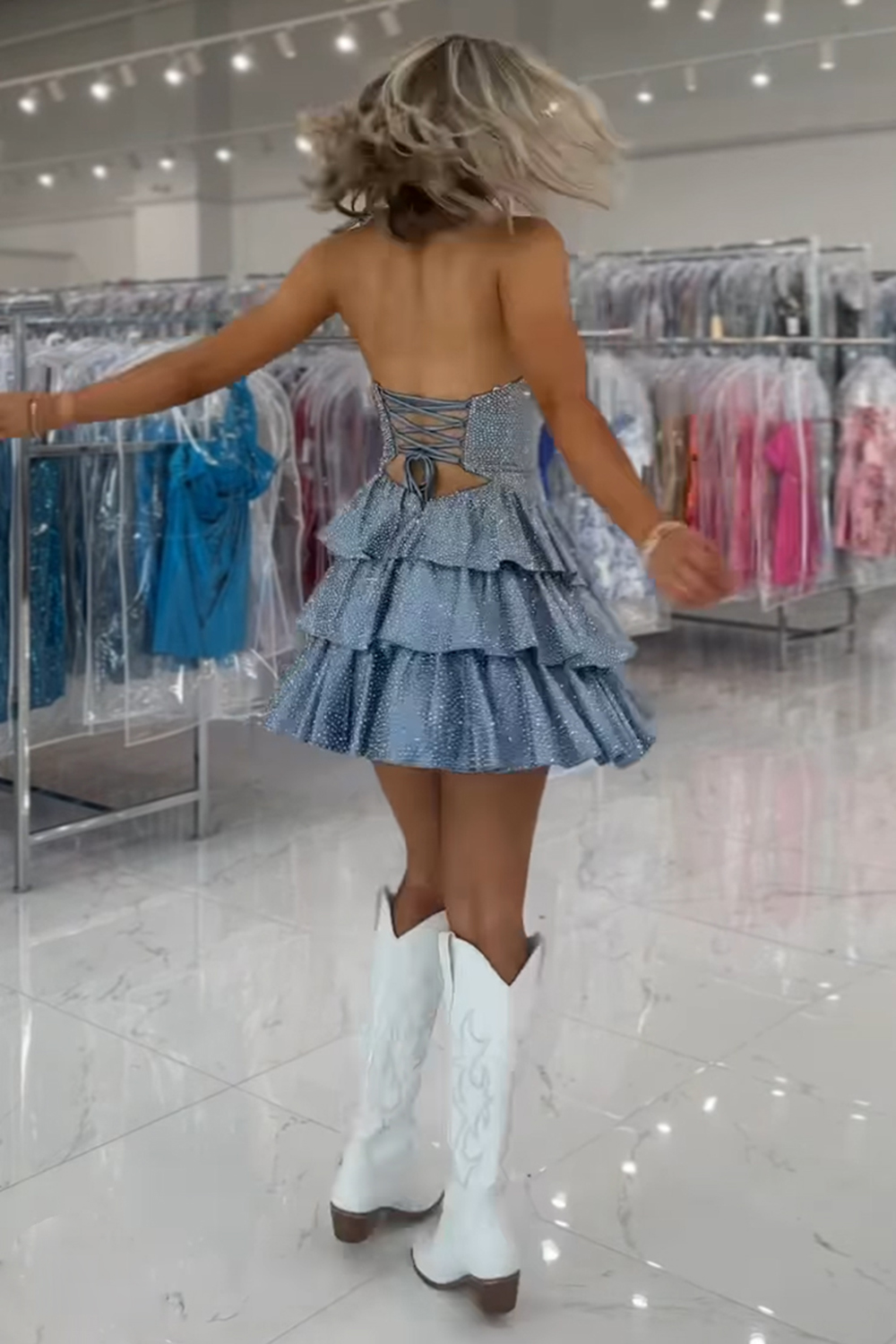 Sparkly Royal Blue Satin Cut Out A Line Tiered Short Homecoming Dress with Beading