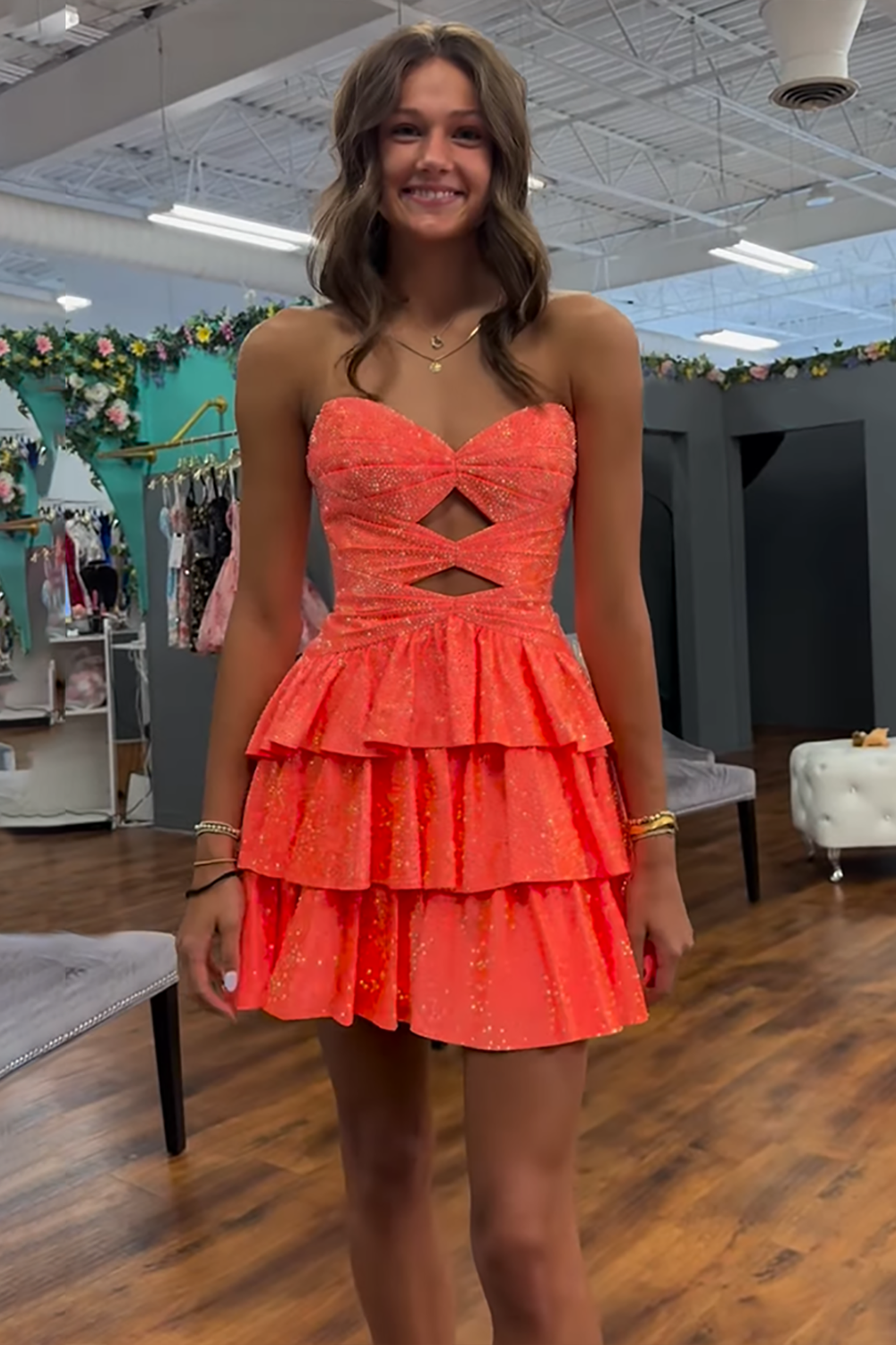 Sparkly Royal Blue Satin Cut Out A Line Tiered Short Homecoming Dress with Beading