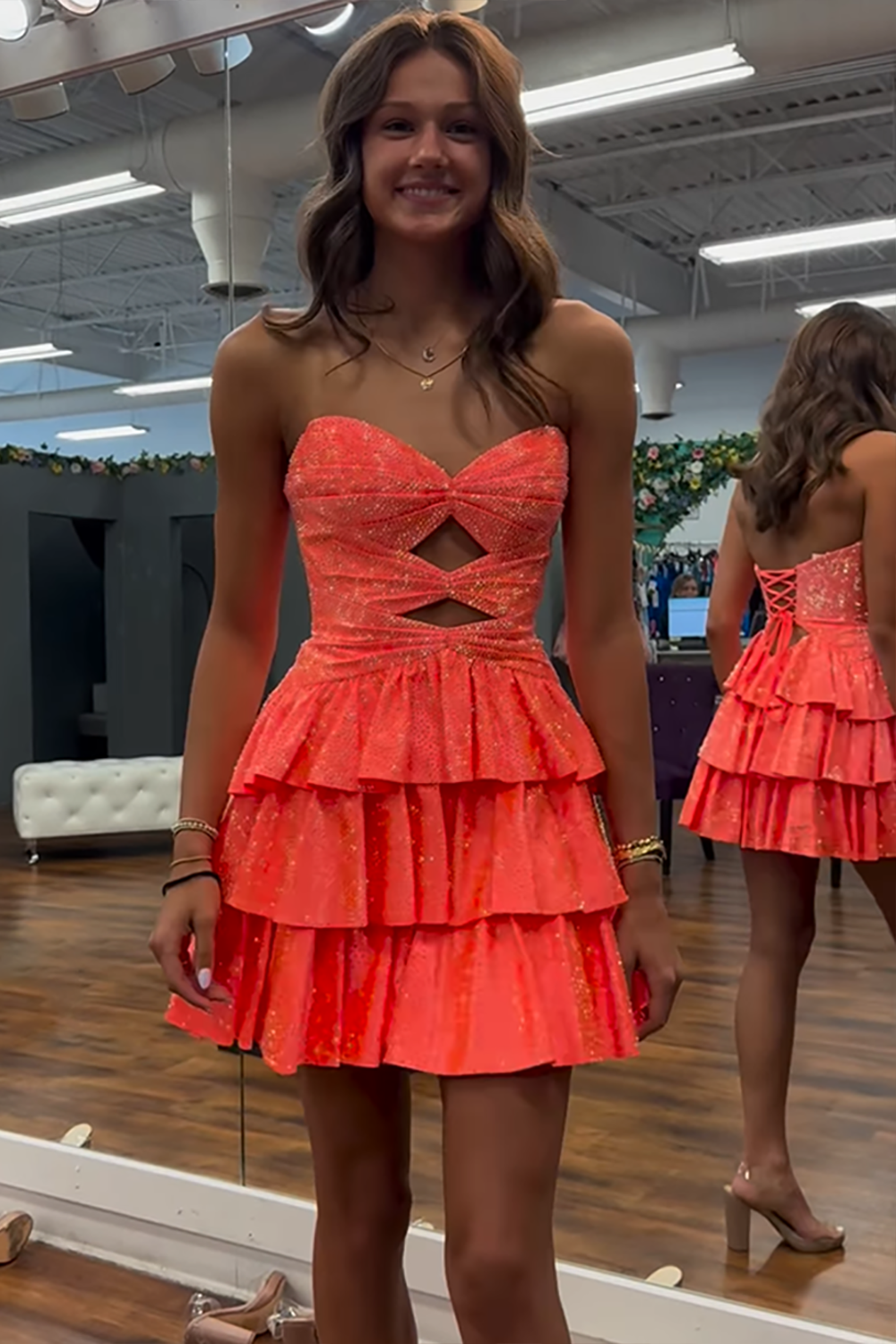 Sparkly Royal Blue Satin Cut Out A Line Tiered Short Homecoming Dress with Beading