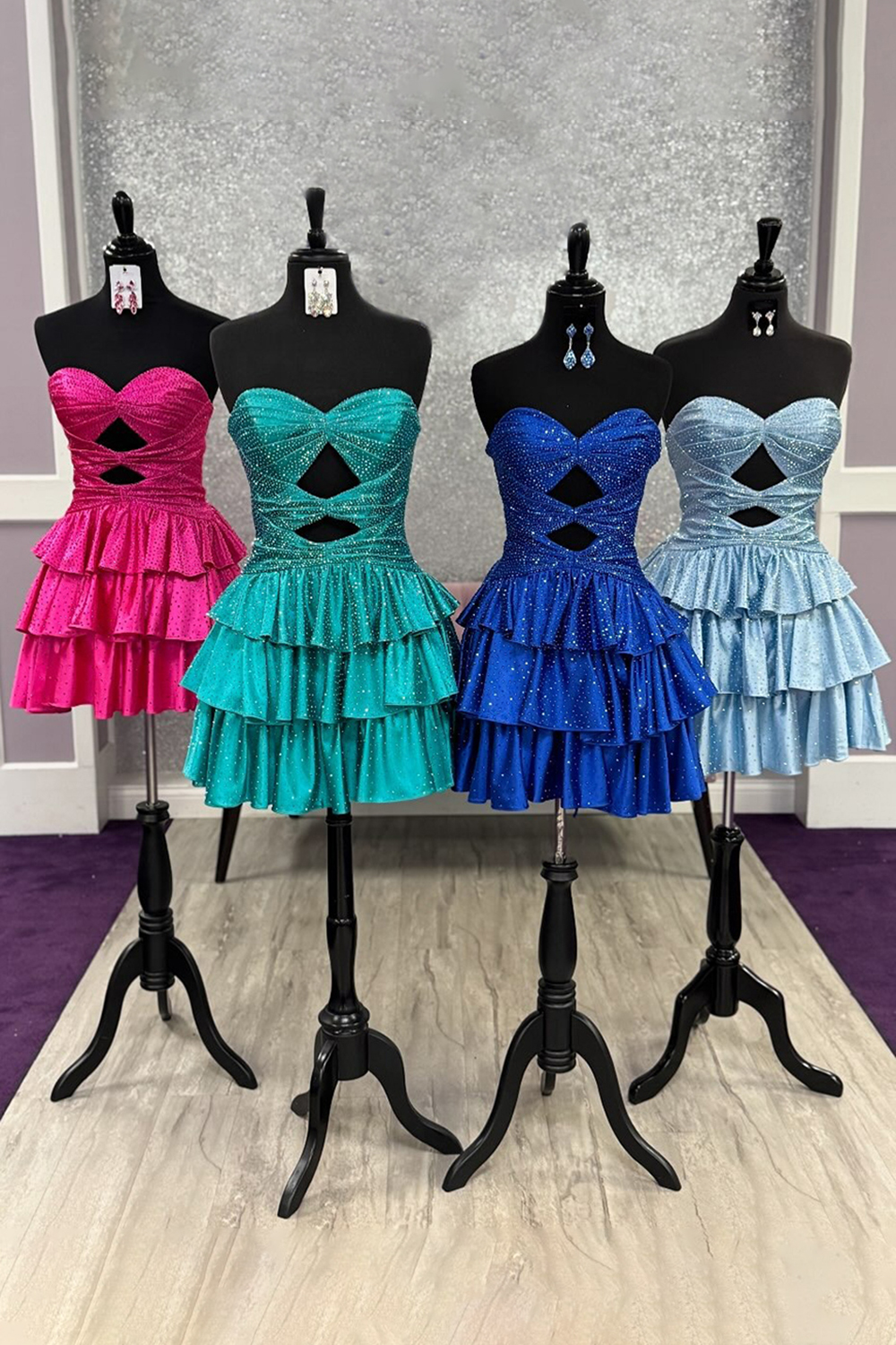 Sparkly Royal Blue Satin Cut Out A Line Tiered Short Homecoming Dress with Beading