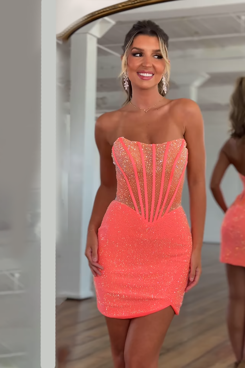 Sparkly Gold Tight Beaded Strapless Short Corset Homecoming Dress