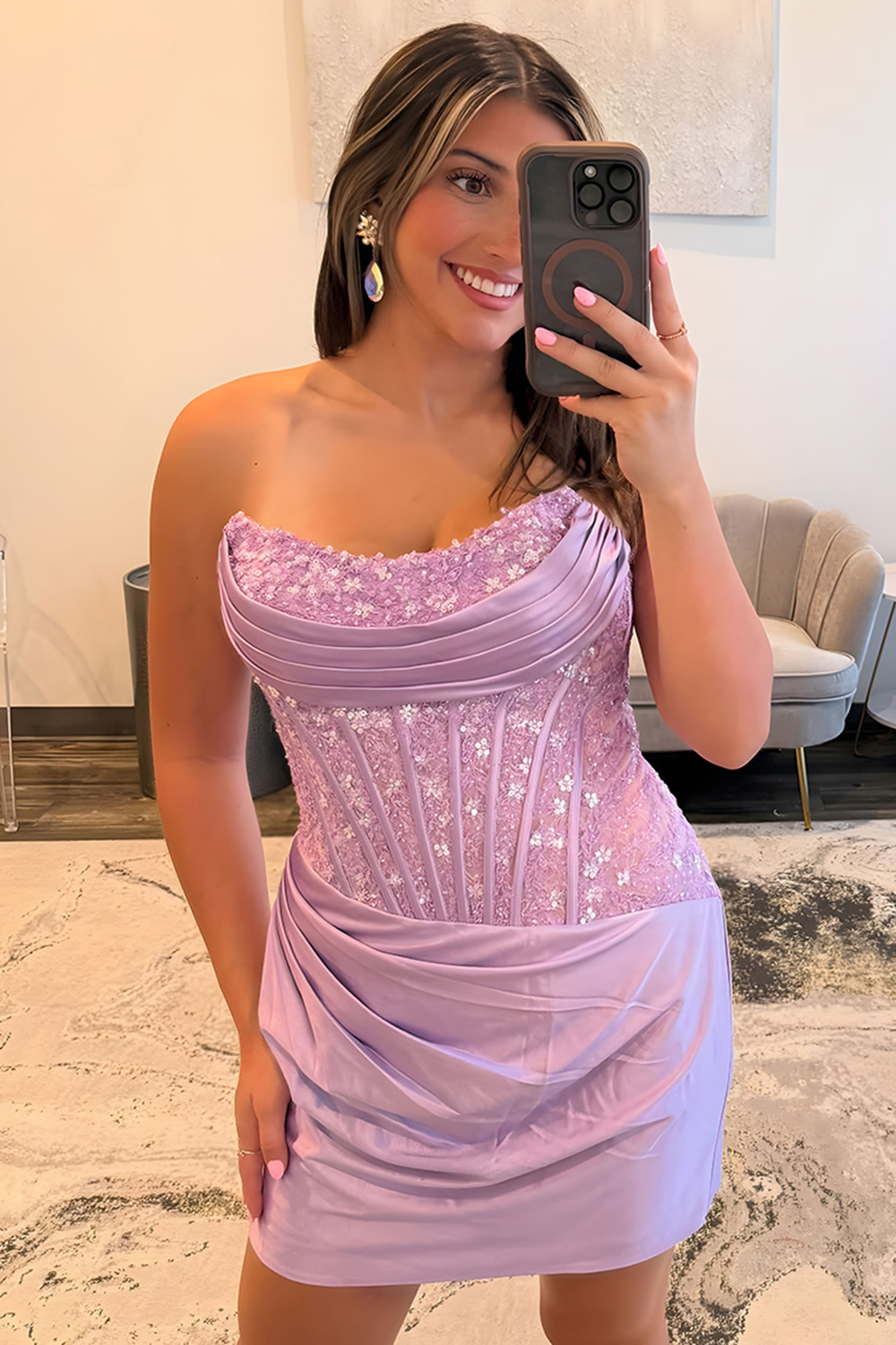 Sparkly Champagne Satin Bodycon Short Corset Homecoming Dress with Lace