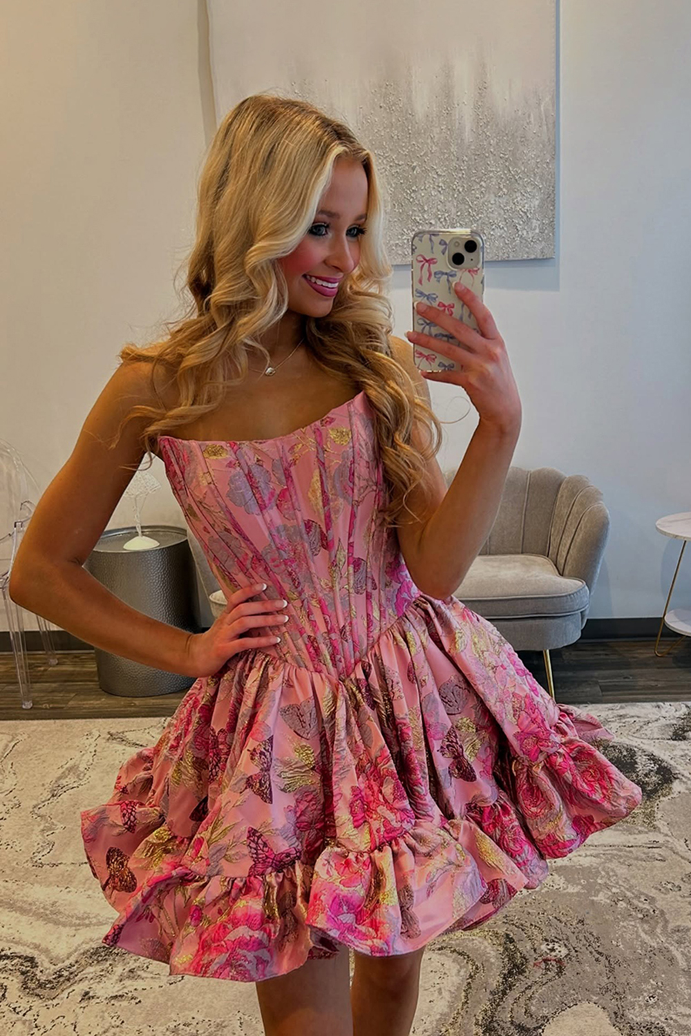 Floral Purple A Line Strapless Jacquard Short Corset Homecoming Dress with Ruffles