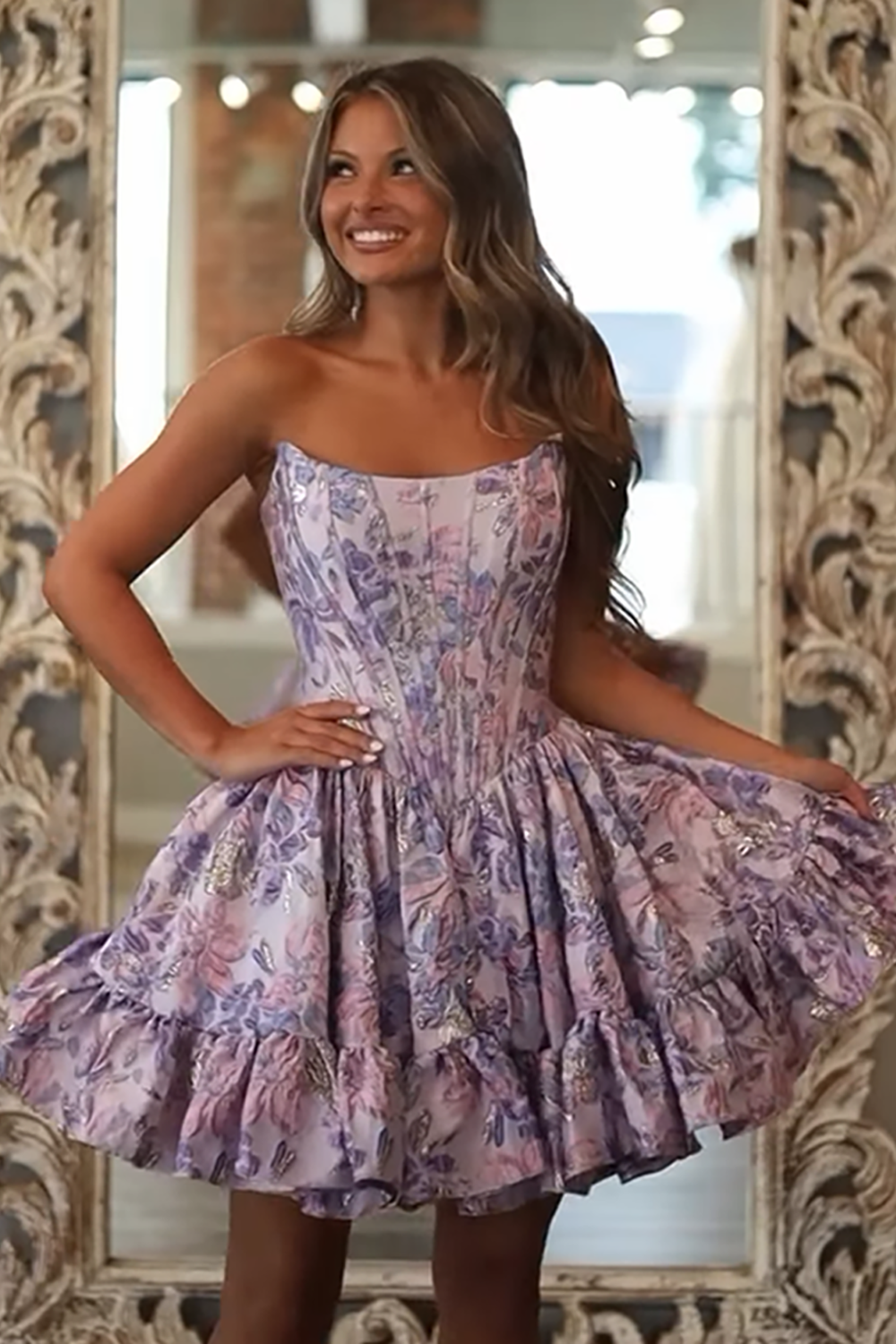 Floral Purple A Line Strapless Jacquard Short Corset Homecoming Dress with Ruffles