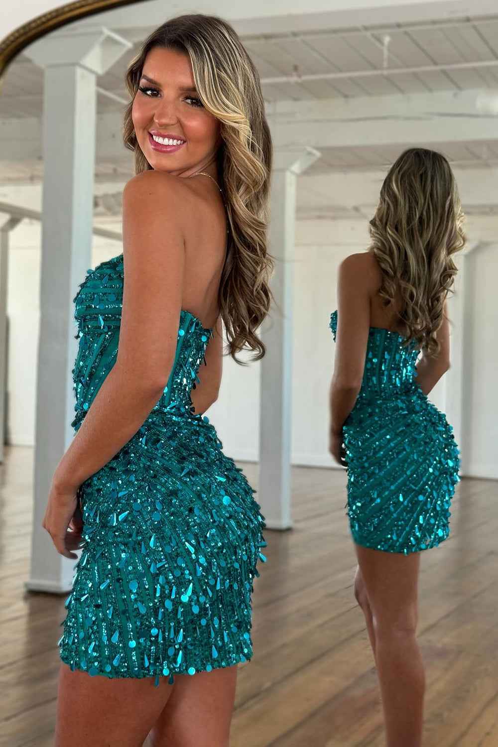 Sparkly Gold Fully Beaded Prom Dress with Deep V Neck Slit and Open Back-LLELLA