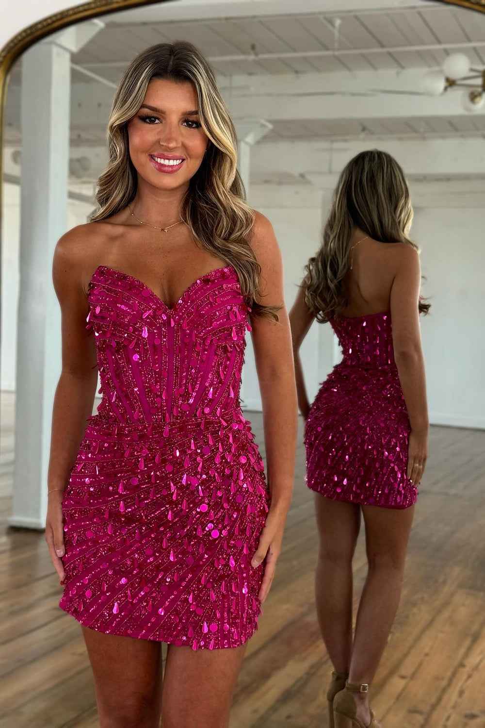 Sparkly Gold Fully Beaded Prom Dress with Deep V Neck Slit and Open Back-LLELLA