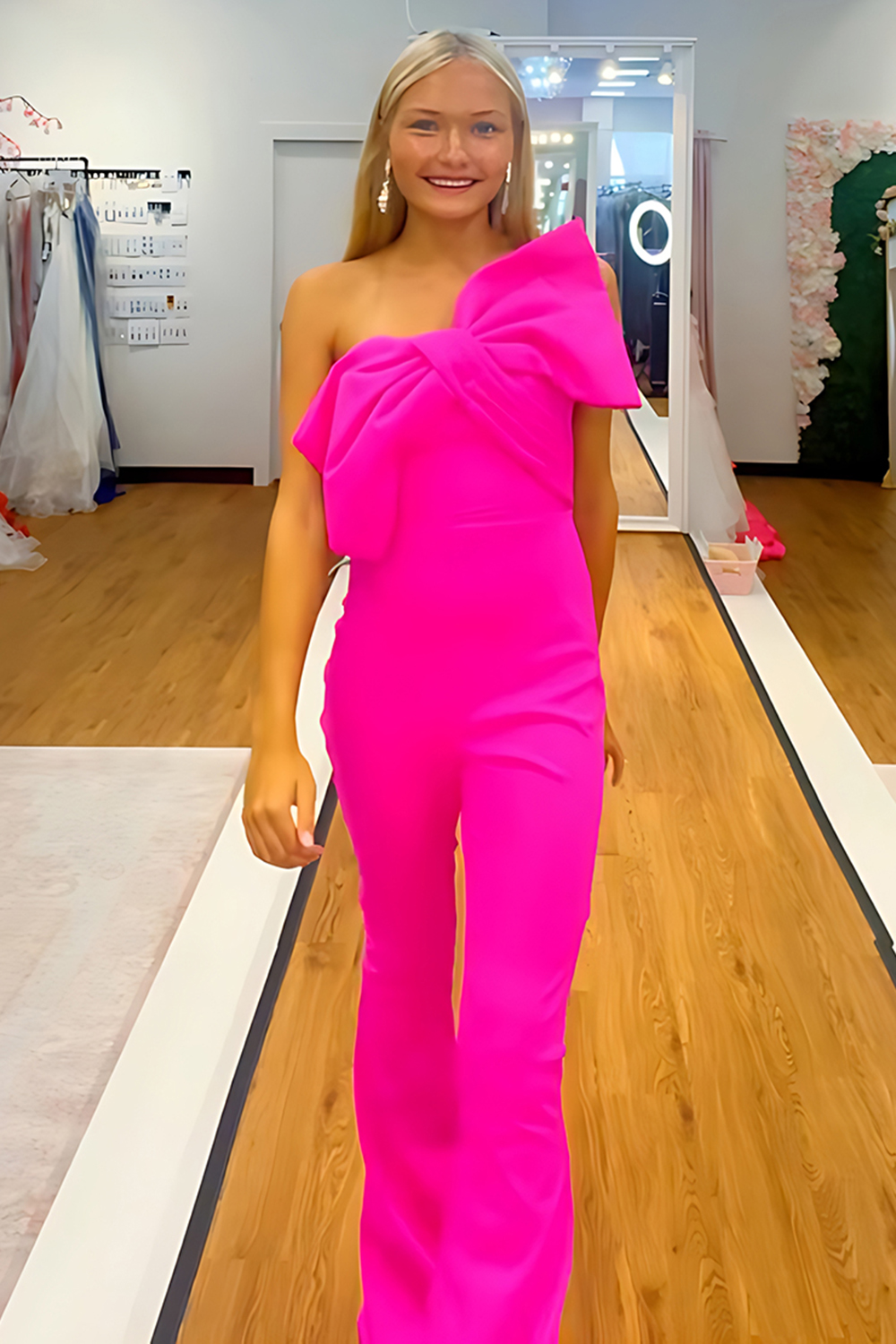Fuchsia Strapless Satin Tight Long Homecoming Jumpsuits with Bow