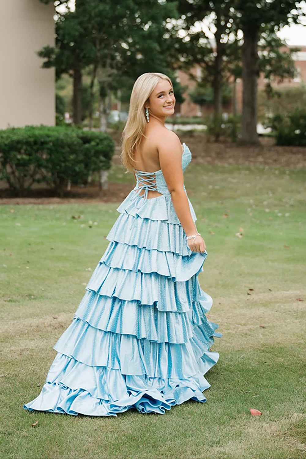 Sparkly Yellow Sweetheart A-Line Satin Ruffled Cut-Out Long Prom Dress with Beading-LLELLA