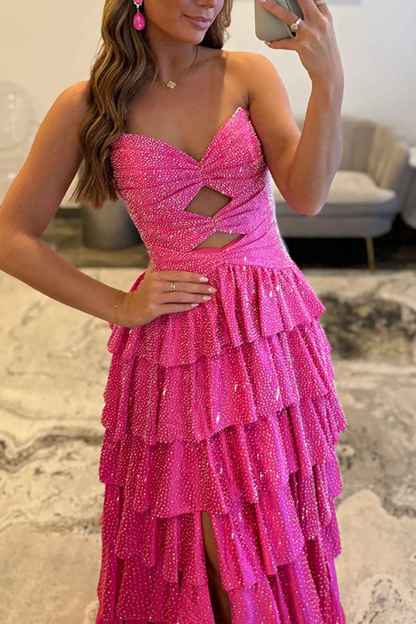 Sparkly Yellow Sweetheart A-Line Satin Ruffled Cut-Out Long Prom Dress with Beading