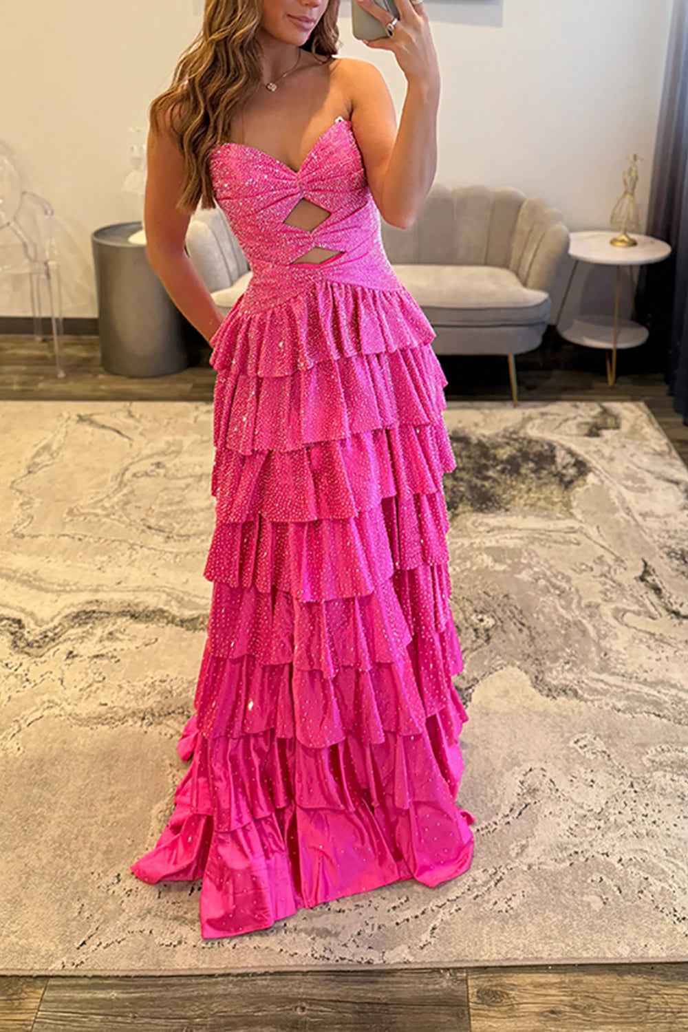 Sparkly Yellow Sweetheart A-Line Satin Ruffled Cut-Out Long Prom Dress with Beading-LLELLA