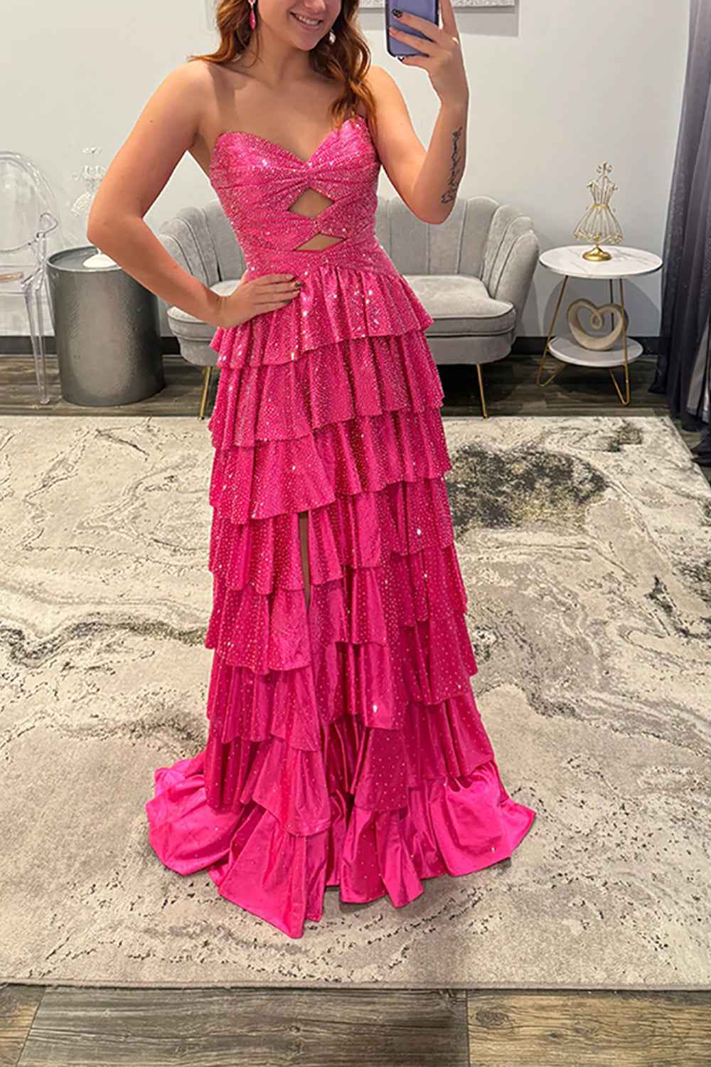 Sparkly Yellow Sweetheart A-Line Satin Ruffled Cut-Out Long Prom Dress with Beading-LLELLA