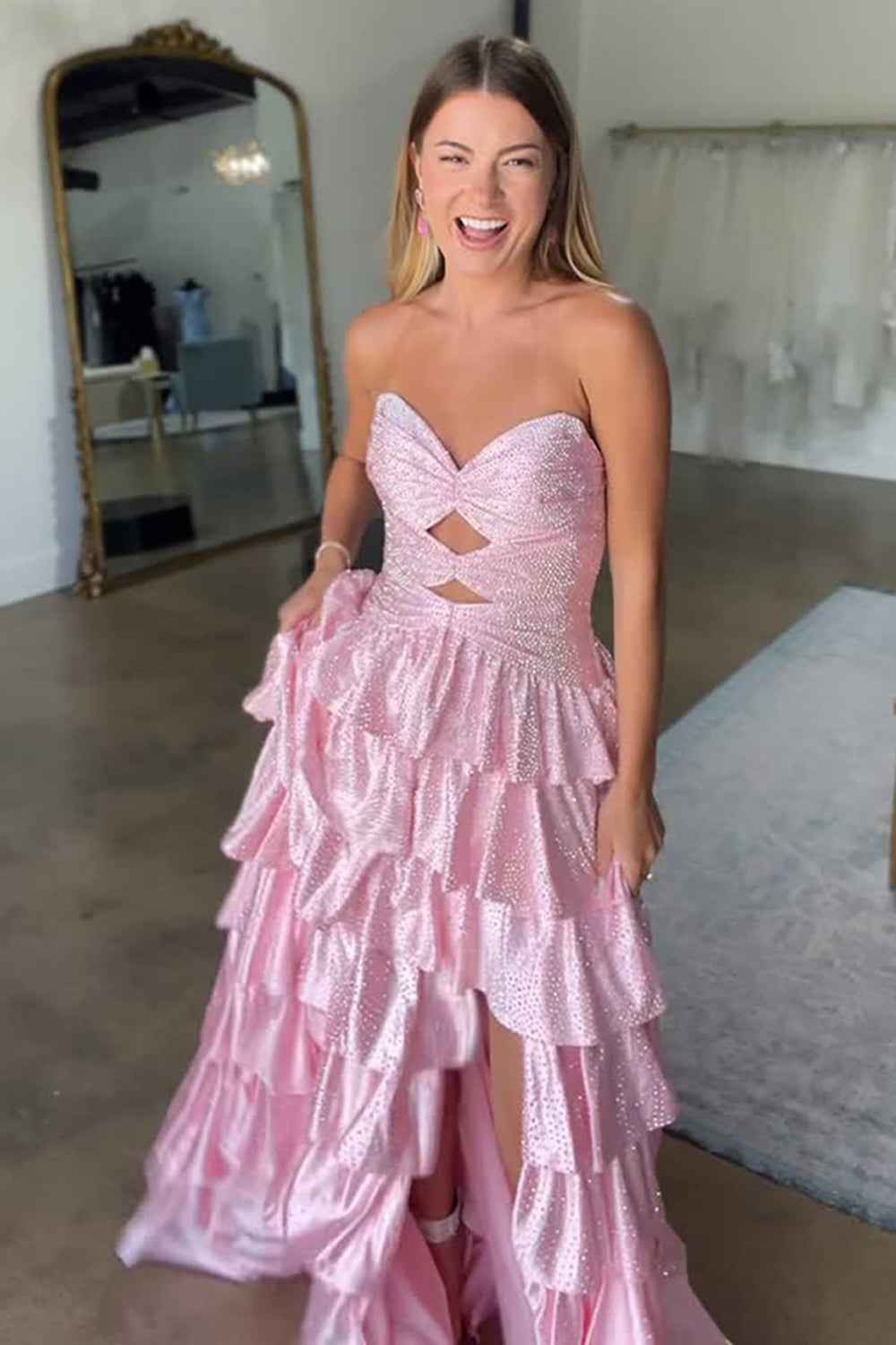 Sparkly Yellow Sweetheart A-Line Satin Ruffled Cut-Out Long Prom Dress with Beading-LLELLA