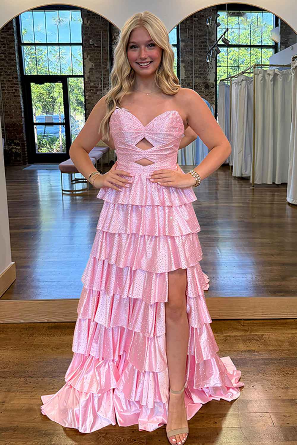 Sparkly Yellow Sweetheart A-Line Satin Ruffled Cut-Out Long Prom Dress with Beading-LLELLA