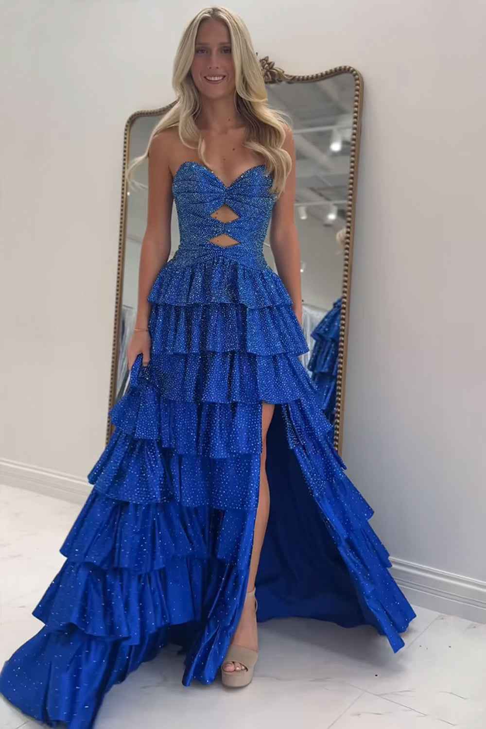 Sparkly Yellow Sweetheart A-Line Satin Ruffled Cut-Out Long Prom Dress with Beading-LLELLA