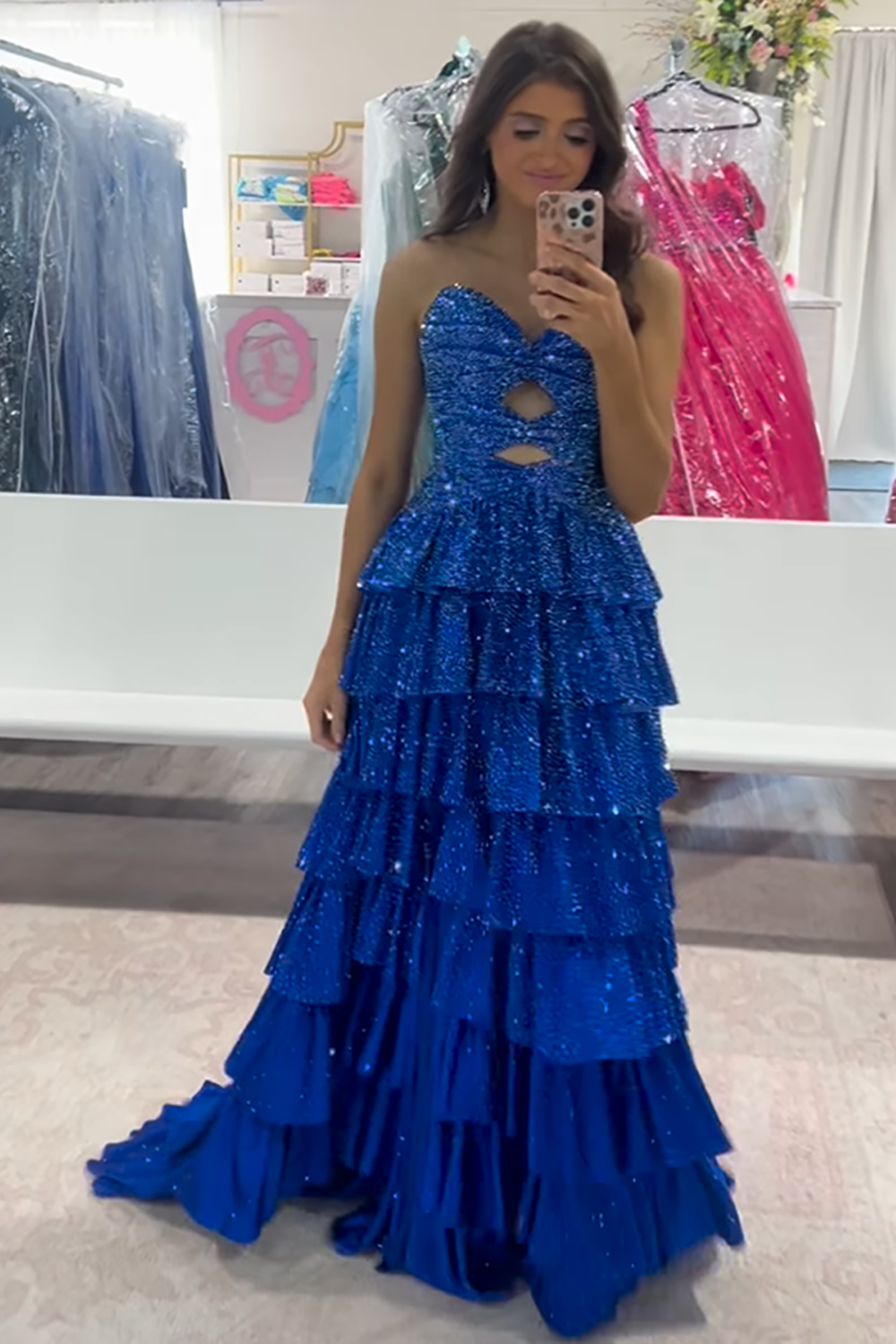 Sparkly Yellow Sweetheart A-Line Satin Ruffled Cut-Out Long Prom Dress with Beading-LLELLA