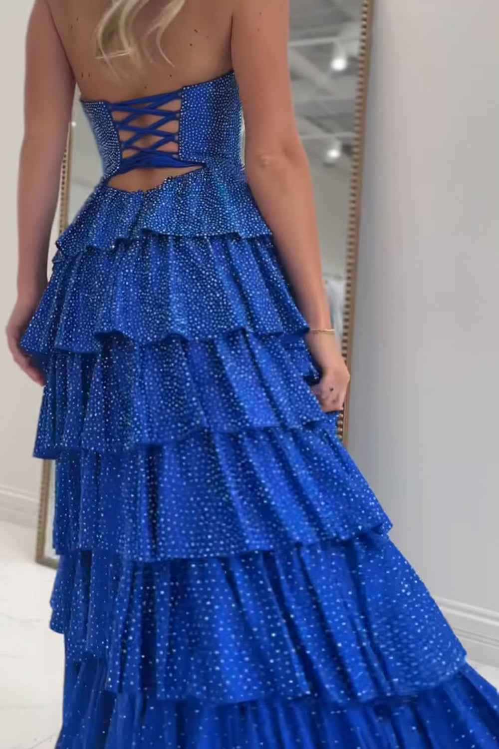 Sparkly Yellow Sweetheart A-Line Satin Ruffled Cut-Out Long Prom Dress with Beading-LLELLA