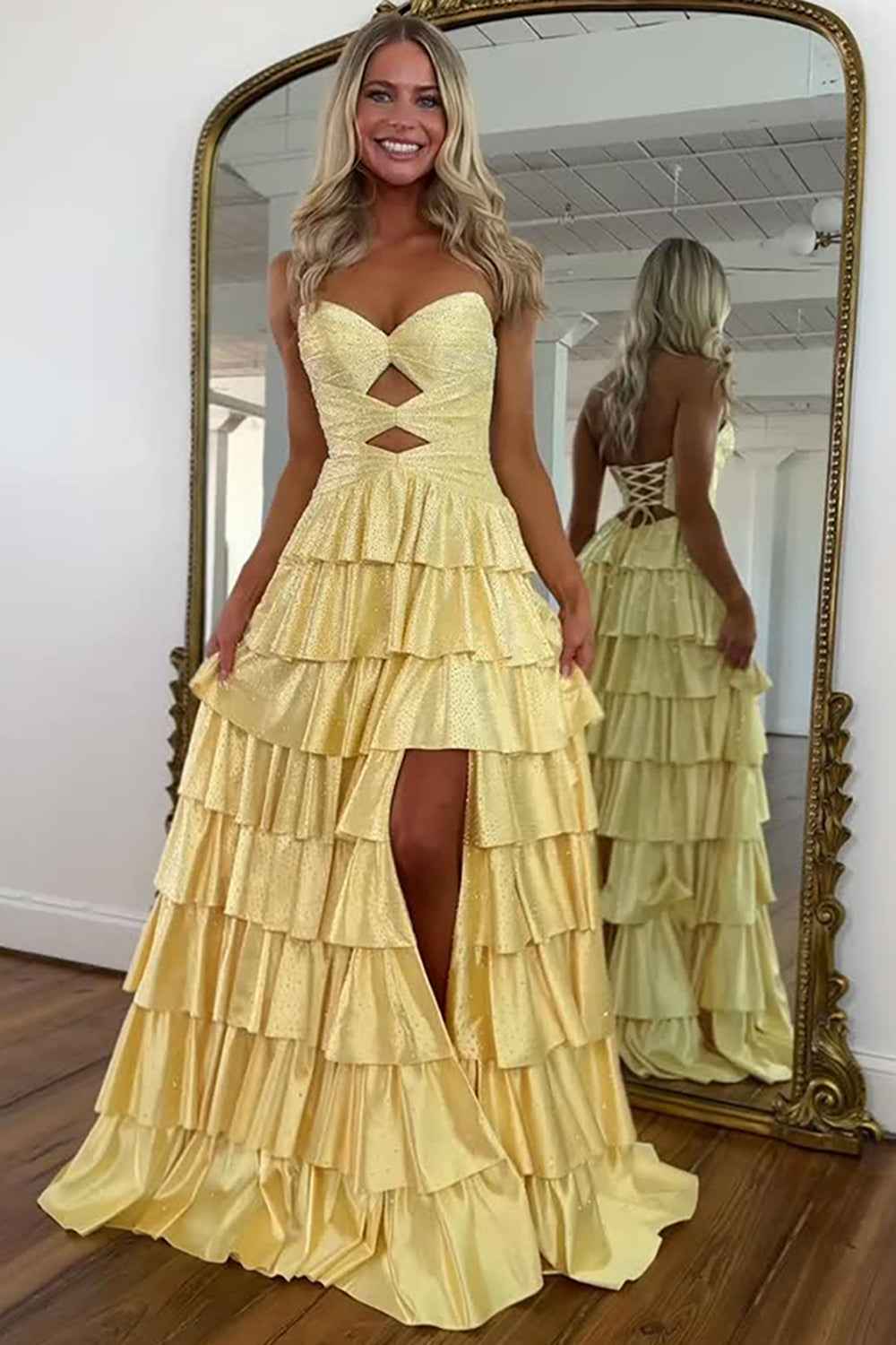 Sparkly Yellow Sweetheart A-Line Satin Ruffled Cut-Out Long Prom Dress with Beading-LLELLA