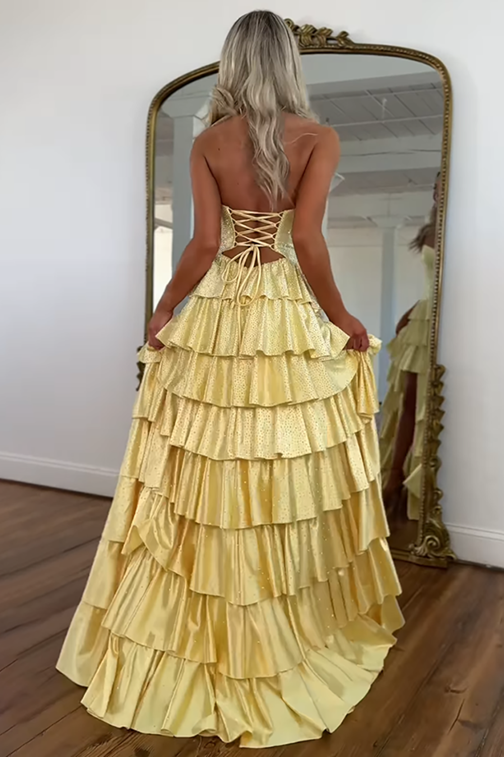Sparkly Yellow Sweetheart A-Line Satin Ruffled Cut-Out Long Prom Dress with Beading-LLELLA