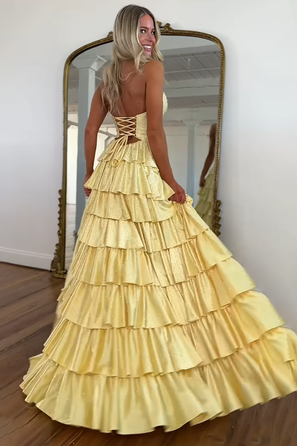 Sparkly Yellow Sweetheart A-Line Satin Ruffled Cut-Out Long Prom Dress with Beading-LLELLA