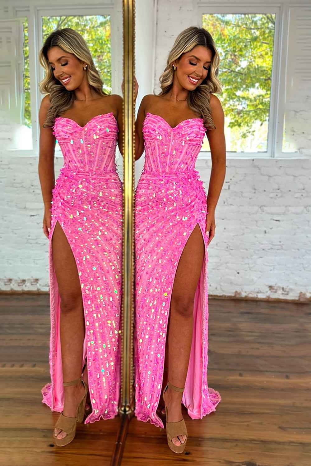 Sparkly Gold Mermaid Sequins Sweetheart Long Corset Prom Dress with Slit-LLELLA