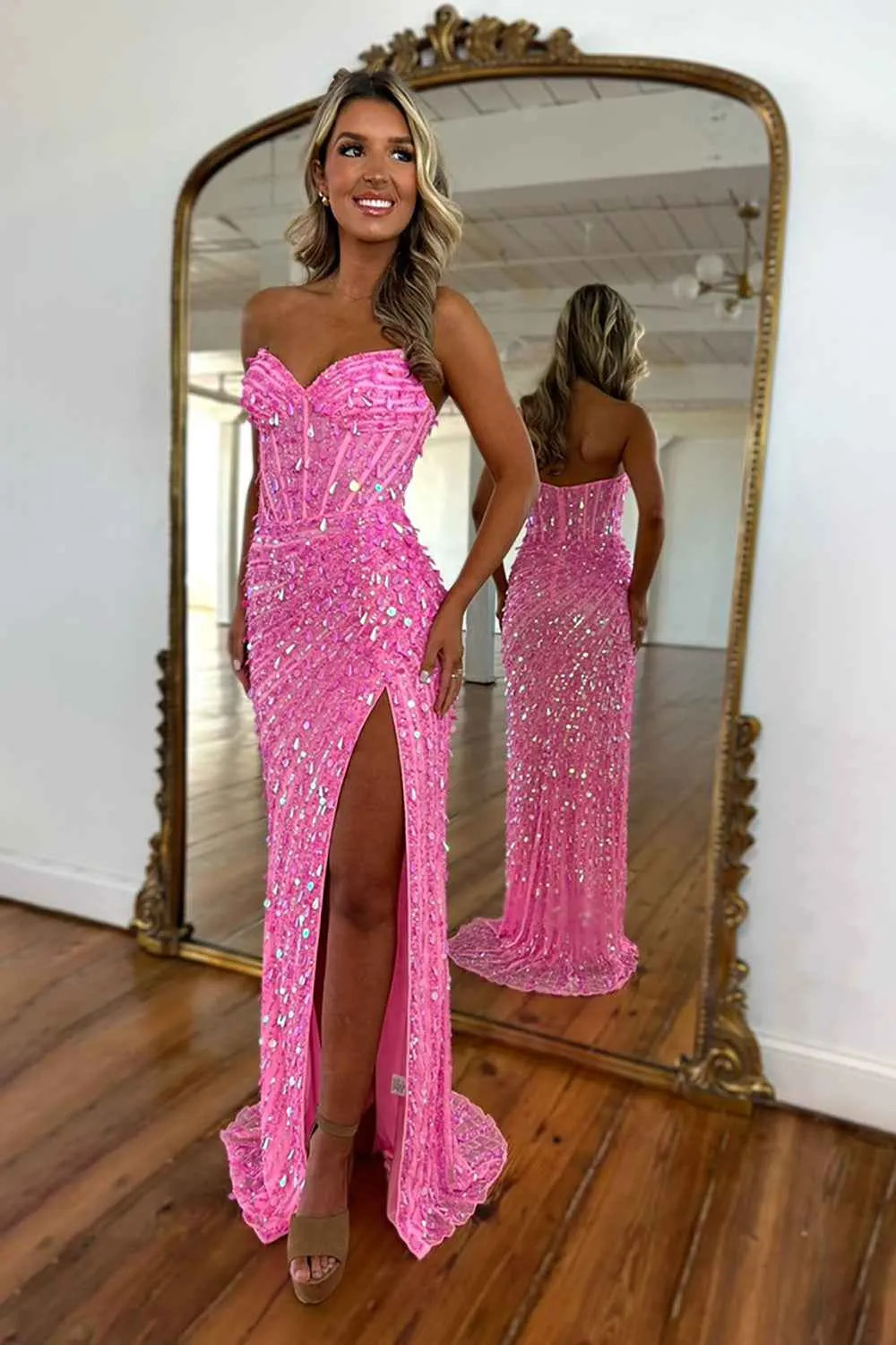 Sparkly Gold Fully Beaded Prom Dress with Deep V Neck Slit and Open Back-LLELLA