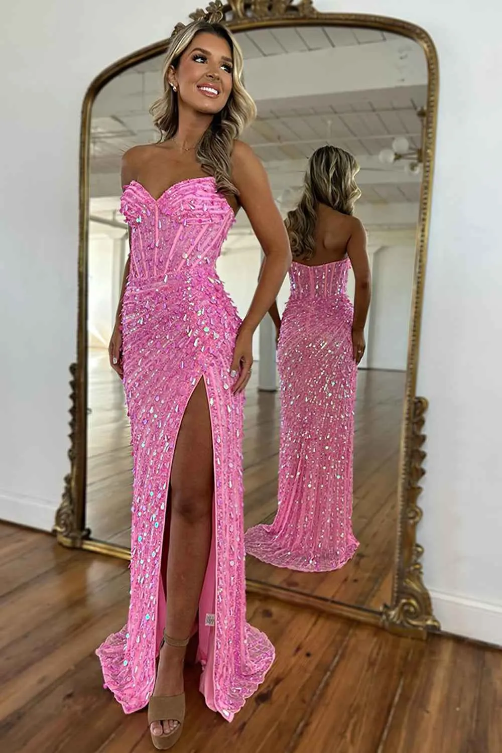 Sparkly Gold Fully Beaded Prom Dress with Deep V Neck Slit and Open Back-LLELLA